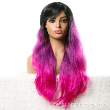Long Wavy Wigs for Black Women African American Synthetic Hair orange Purple with Bangs Heat Resistant Wig